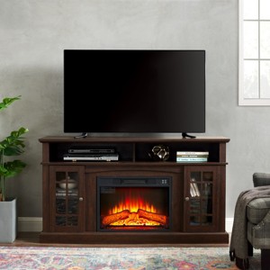 Traditional TV Stand with 23" Fireplace Insert, 58" Media Console with Glass Doors & Storage for 65 Inch TV-3irtyhousy - 1 of 4