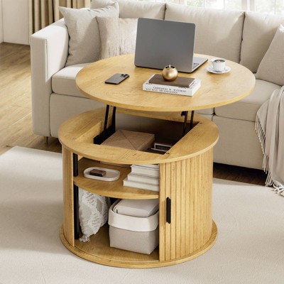 WOWLIVE Lift Top Coffee Table with Sliding Tambour Door, Round Fluted Coffee Table with Hidden Storage, Center Table for Living Room
