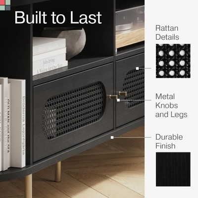 Black Rattan TV Stand with Cabinet and Open Shelves, 63"