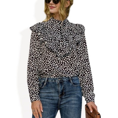 Anna-Kaci Women's Polka Dot Blouse with Ruffled Front Detail and High Neck for Casual Looks
