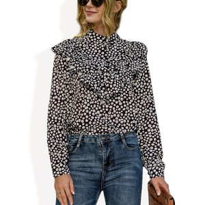 Anna-Kaci Women's Polka Dot Blouse with Ruffled Front Detail and High Neck for Casual Looks - 1 of 4