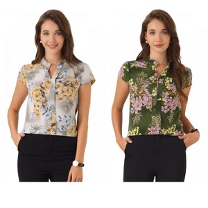 INSPIRE CHIC Women's Satin Stand Collar Work Cap Sleeve Floral Blouse 2 Packs - 1 of 4