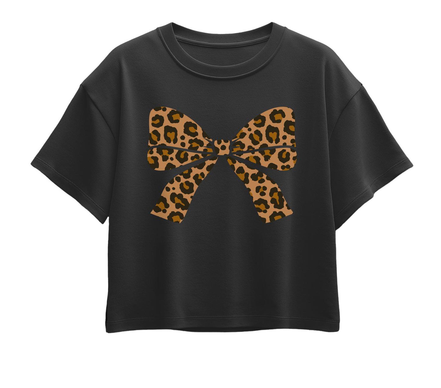 Футболка Instant Message Leopard Print Bow Short Sleeve Boxy Graphic T-Shirt - Black для девочек, цвет: Леопардовый — фото 1