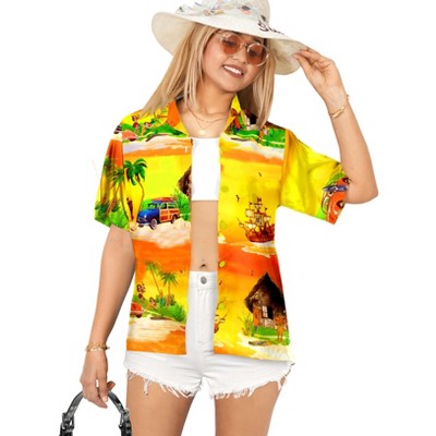 LA LEELA Hawaiian Shirts Womens Casual Summer Beach Party Tops Blouses Shirt Tropical Blouse Short Sleeve Button Up Dress Shirts Dresses