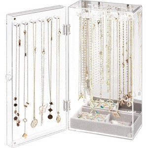 Acrylic Jewelry Organizer with 24 Hooks, Rotating Clear Necklaces Display Box with Built-in Mirror - 1 of 4