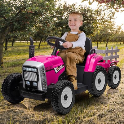 Garvee 12V Kids Electric Tractor with Trailer Remote Control 7-LED Lights MP3 Player and EVA Tires
