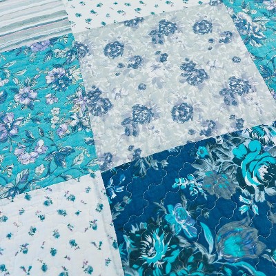 Acoinel Blue Floral Patchwork Quilt Set - 3-Piece Reversible Bedspread with Pillow Shams, Coastal Boho Bedding for Queen Beds (92"x96") — фото 4
