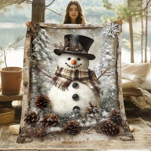 Lomsoe Snowman in Forest Pattern Blanket - Flannel Throw with Snowman, Top Hat & Plaid Scarf - Christmas Winter Home Decor Gift. - 1 of 4