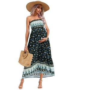Maternity Sleeveless Smocked Dress Summer Casual Strapless Floral Tube Top Maxi Dress Photoshoot Baby Shower - 1 of 4