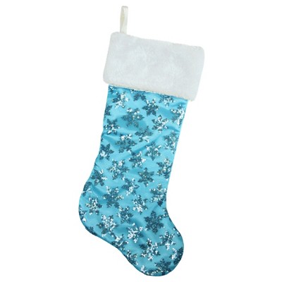 Northlight 20.5" Ice Palace Blue Sequin Snowflake Christmas Stocking with White Faux Fur Cuff