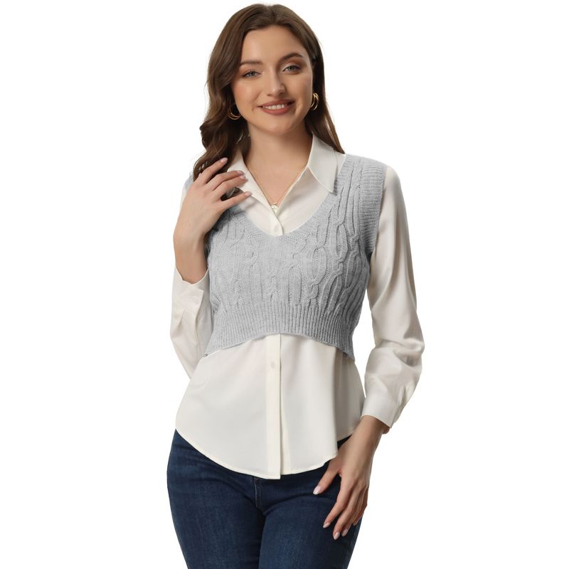 Allegra K Women's Deep V-Neck Knitwear Cable Crop Sweater Vest, 1 of 6