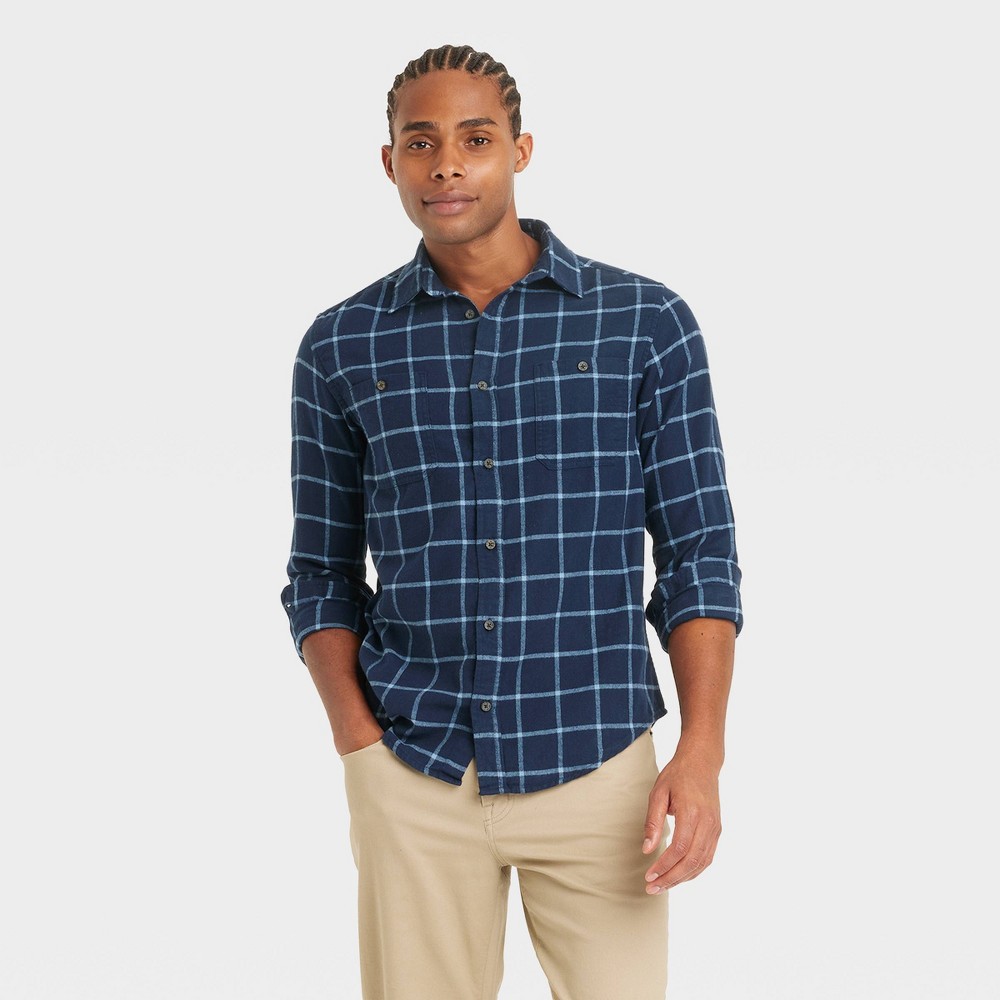 men's mid-weight flannel long sleeve button-down shirt - goodfellow & co™ navy blue s