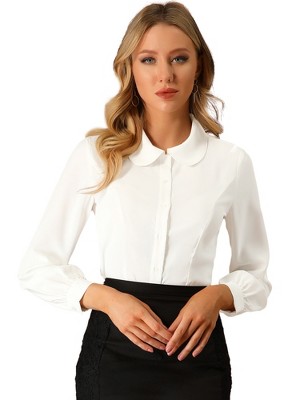 Allegra K Women's Work Peter Pan Collar Long Bishop Sleeve Button Down Shirt