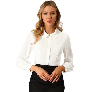 Allegra K Women's Work Peter Pan Collar Long Bishop Sleeve Button Down Shirt - 1 of 4