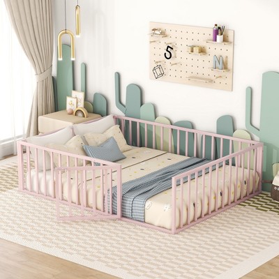 Queen Size Metal Floor Bed Frame With Fence And Door, Pink-modernluxe ...