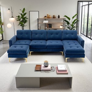 110" Velvet L-Shaped Convertible Sectional Sofa with Ottoman - 1 of 4