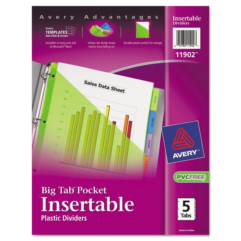 Avery Insertable Big Tab Plastic Dividers w/Single Pockets 5-Tab 11 1/8 x 9 1/4 11902, 1 of 9