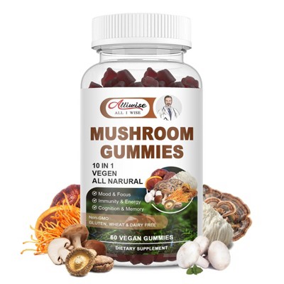 Alliwise Mushroom Supplement Gummies for Mood and Focus, Vegan, Non-GMO, 60 CT