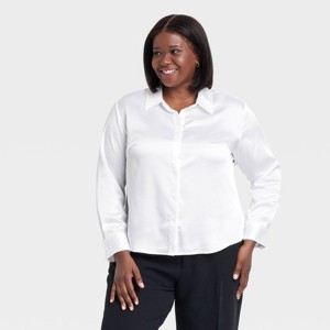 Women's Long Sleeve Collared Satin Button-Down Shirt - A New Day™ White - 1 of 3