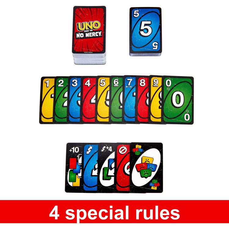 56 more cards than classic UNO with 4 Special Rules & 6 brutal Action Cards! 