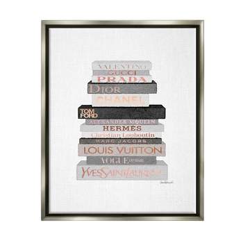 Stupell Industries Neutral Grey and Rose Gold Fashion Bookstack Black Floater Framed Canvas Wall Art, 24 x 30