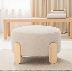 24.8" Round Ottoman, Plush Teddy Velvet Footstool with Natural Wood Legs, 24.8"x24.8"x15.94"H - 1 of 4