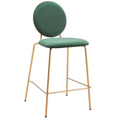 Counter Stool 39" H – Velvet Upholstery in Green & Gold Finish – Modern Stackable (Set of 2) By Zuo Modern