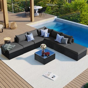 8PCS Patio PE Rattan Conversation Set, Outdoor Wicker Sectional Sofa with Table and Cushions-ModernLuxe - 1 of 4