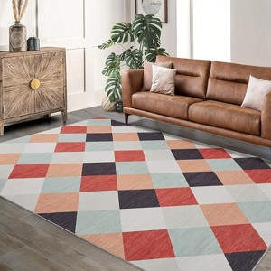 Machine Washable Plaid Runner Rug for Hallway, Kitchen, Bedroom, Living Room, Abstract Geometric Design - 1 of 4