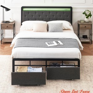 Queen Bed Frame w/2 Storage Drawers & Light Headboard - Sturdy Metal Platform Full Size, Drawers Platform Bed Frame w/Storage - 1 of 4