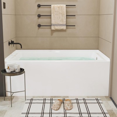 Acrylic Alcove Tub,60 Rectangular Alcove Soaking Bathtub with Integral Apron Front In Glossy White,Brushed Nickel Pop-Up Drain Include