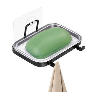 NewHome "Wall Mounted Soap Dish Holder with 2 Hooks, Clear Square Soap Rack for Shower & Bathroom" Black 1 Tier - 1 of 4