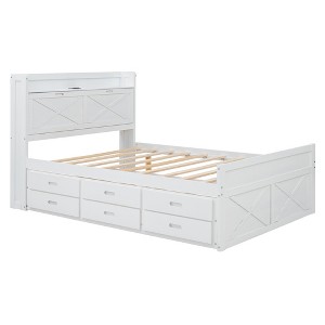TIRAMISUBEST Full Size Storage Bed - Wooden Frame with Headboard Outlets, Extendable Trundle & 3 Drawers, Space-Saving Design - 1 of 4