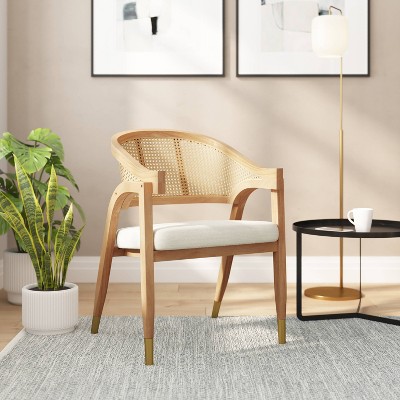 Natural Cane Rattan Dining and Accent Chair with Upholstered Seat