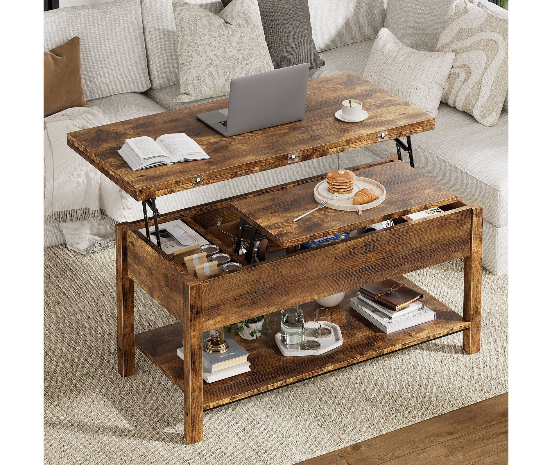 WOWLIVE Lift Top Coffee Table with Hidden Compartment and Storage Shelf, Rectangular Center Table for Living Room