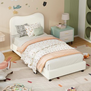 Pink Queen Kids Bed Frame with Upholstered Headboard, Low Profile Sturdy Platform Bed with Soft Boucle Fabric for Girls and Boys,No Box Spring Needed - 1 of 4