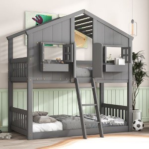 Kumasinova Twin-Over-Twin House Bunk Bed with Roof, Window, Window Box & Door, Low-Height Toddler Bed, Wood Loft Bed Frame with Guardrails, Ladder - 1 of 4