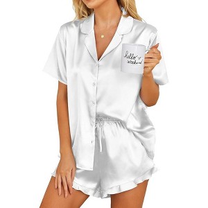 Ekouaer Womens Satin Pajamas Set Button Down 2 Piece Silk Pjs Shorts Set Ruffle Lingerie Notch Collar Sleepwear - 1 of 4