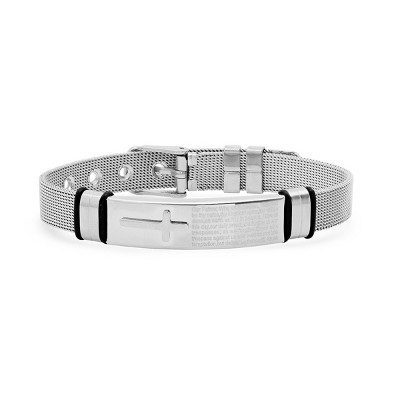 Steeltime Men's stainless steel mesh and black rubber accents Our Father english prayer id bracelet