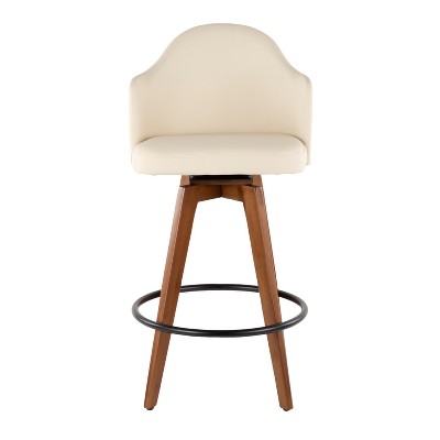 Cream Faux Leather and Walnut Wood 20" Modern Swivel Counter Stool