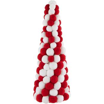 Northlight 15" Red and White Candy Cane Pom Pom Christmas Tree Table Decoration
