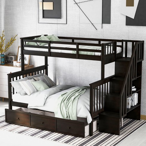 NicBex Twin over Full Bunk Bed Convertible Pine Bed Frame with 3 Drawers, Storage Stairs and Full Length Guardrail, No Box Spring Required - image 1 of 4