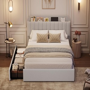 Bed Frame for Kids, Upholstered Platform Bed with 2 Large Storage Drawer and Bookcase Headboard, Noise-Free, Easy Assembly, No Box Spring Needed - 1 of 4