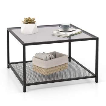 Costway Glass Coffee Table 27.5 Inch 2-Tier Square with Mesh Shelf Living Room Grey/Transparent