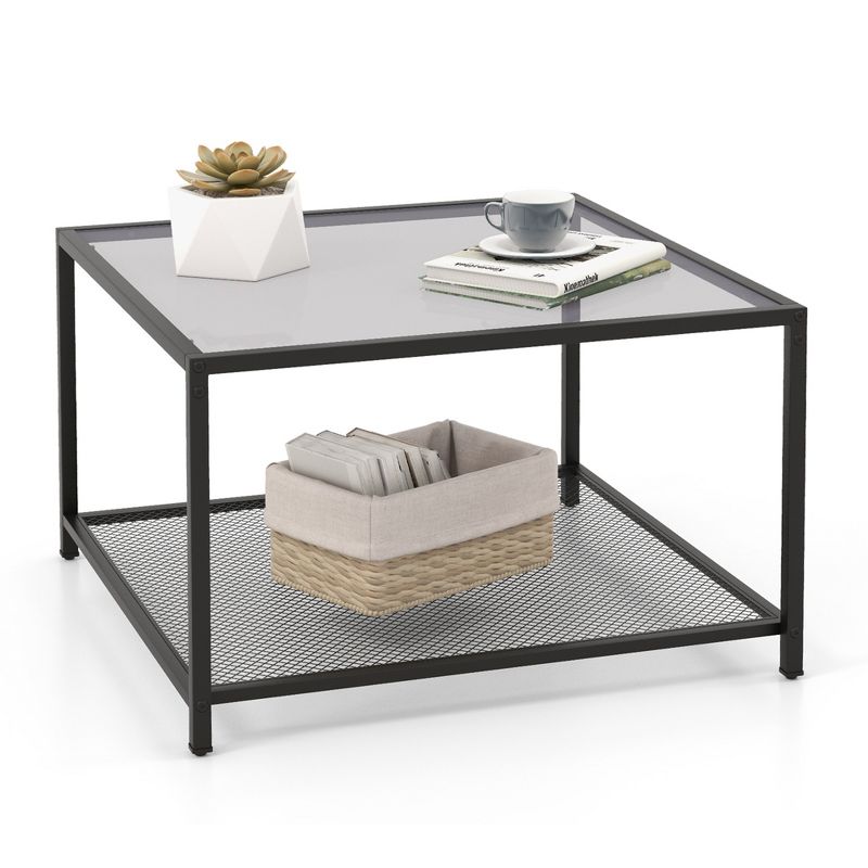 Costway Glass Coffee Table 27.5 Inch 2-Tier Square with Mesh Shelf Living Room Grey/Transparent, 1 of 11