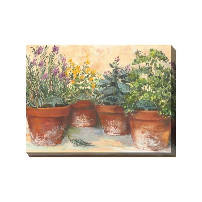 Cottage Garden West of The Wind HERB POTS Brown, Green, Yellow 40 x 30 Inch Waterproof Gallery Wrapped Canvas, Outdoor Garden, Yard, Patio All Weather