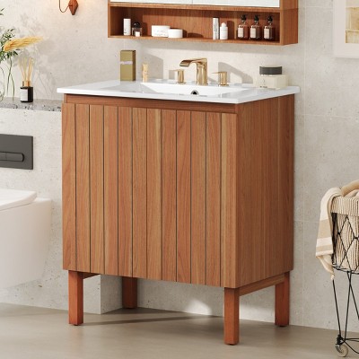 Vertical Stripe Bathroom Vanity With Ceramic Sink,Bathroom Storage Cabinet With 45 Degrees Free-Handle Doors And Large Storage Space -Maison Boucle