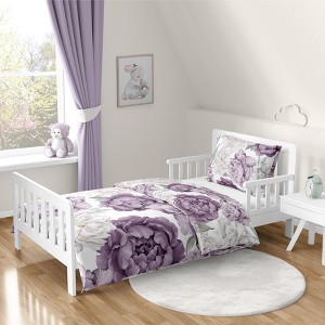 Sweet Jojo Designs Girl Toddler Bedding Set Peony Floral Garden Purple Ivory and Green 5pc - 1 of 4