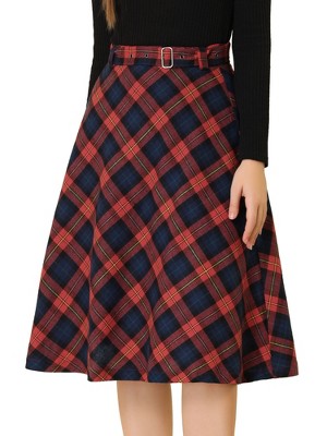 INSPIRE CHIC Women's Tartan Plaid High Waist Belted Vintage A-Line Midi Skirt