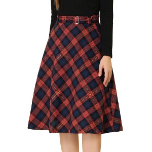 INSPIRE CHIC Women's Tartan Plaid High Waist Belted Vintage A-Line Midi Skirt - 1 of 4